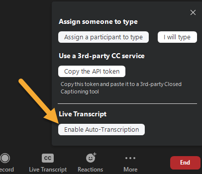 An arrow points at the 'Enable live transcription' button within a Zoom meeting