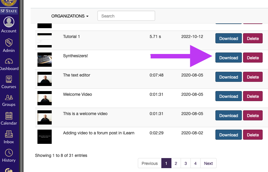 iLearn video dashboard displaying download and delete buttons next to each video in a list