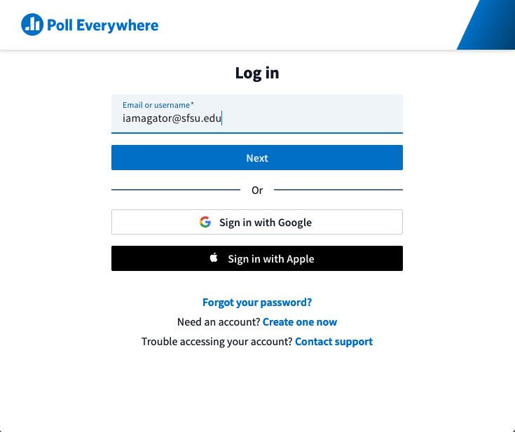 a dialog box with an sf state email filled in with a button reading Next