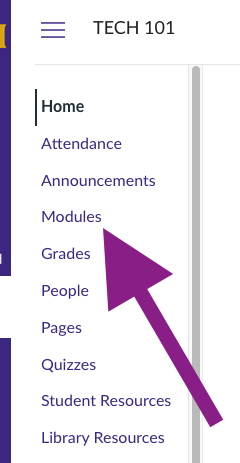 Modules link in the course navigation