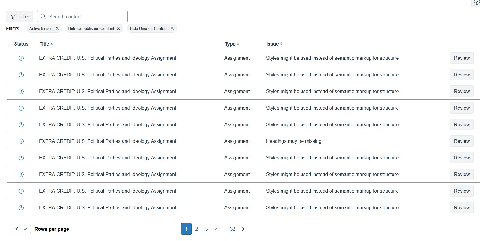 The table of resuls within the UFIXIT interface
