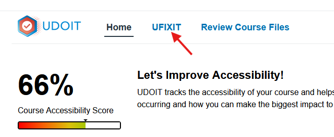 The UDOIT toolbar with the UFIXIT link highlighted with an arrow