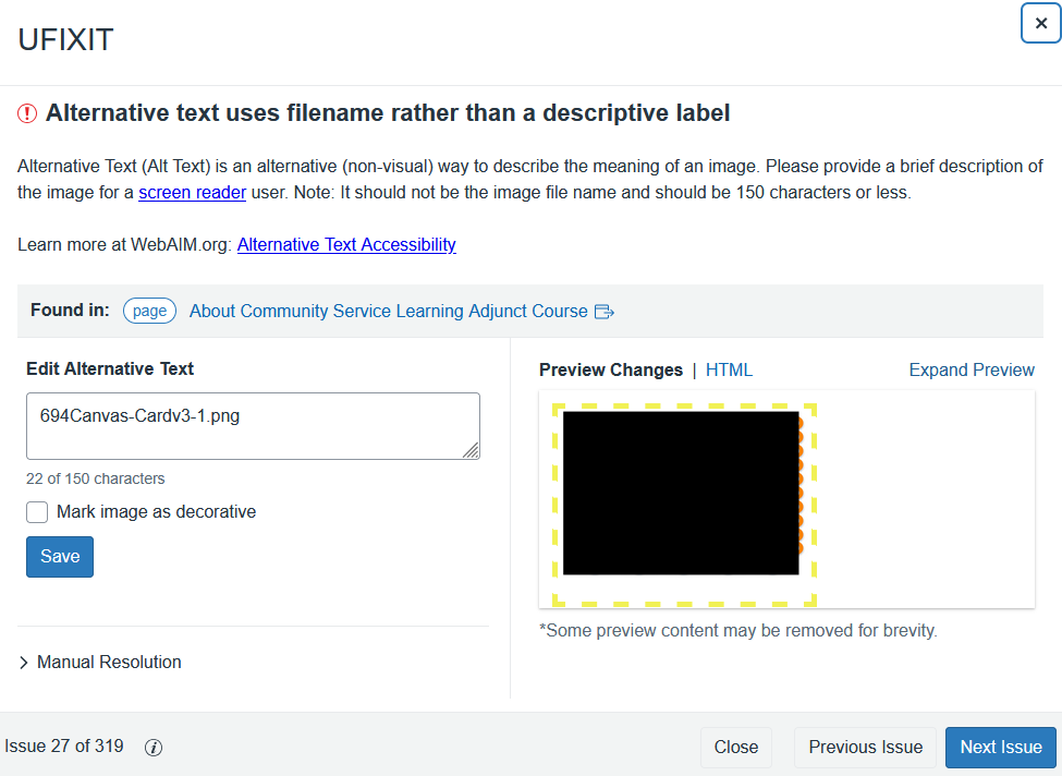 A UFIXIT dialog box showing an issue with an image's alt text