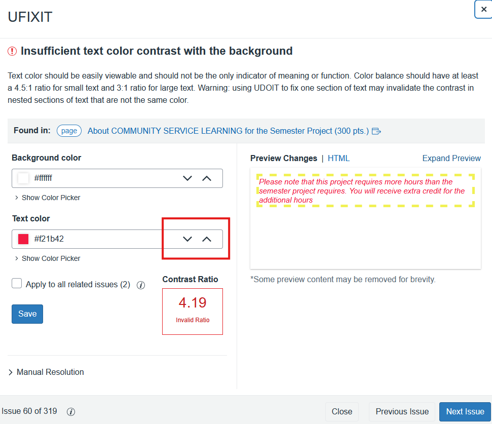 A UFIXIT dialog box showing an issue with color contrast. The color adjustment arrows are highlighted with a box