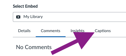Captions tab in Canvas Studio